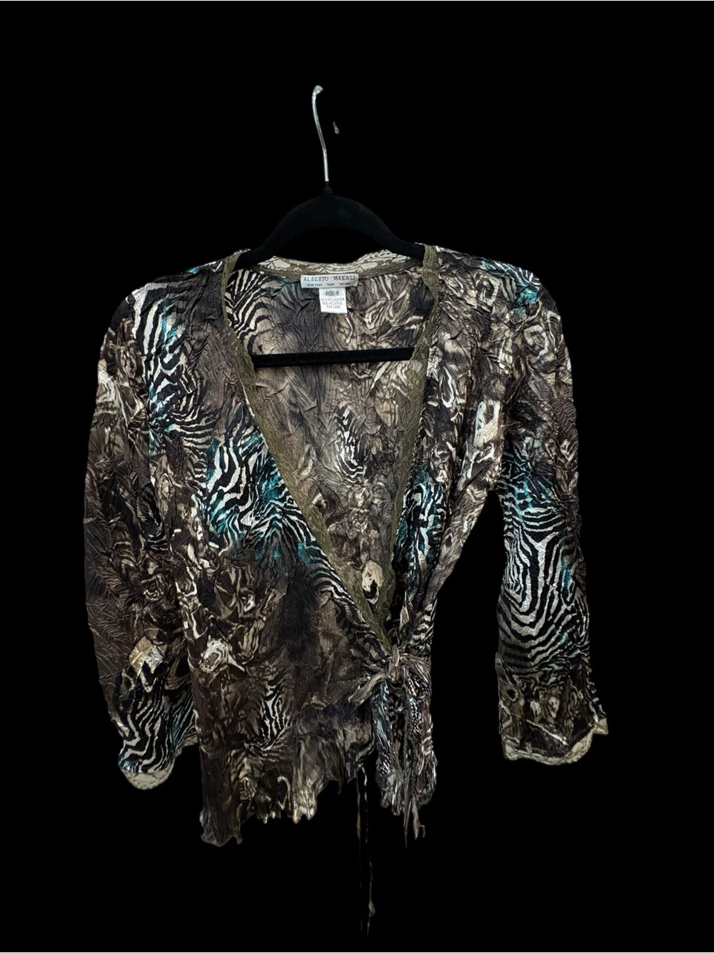 Alberto Makali Zebra Animal Print Wrap Tie Blouse Brown Blue Small S